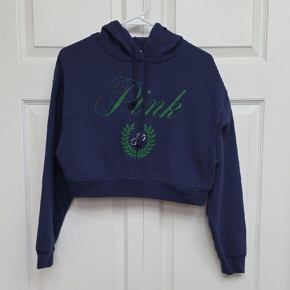 PINK Victoria's Secret Dark Blue Hoodie with Green Logo - Picture 1 of 6